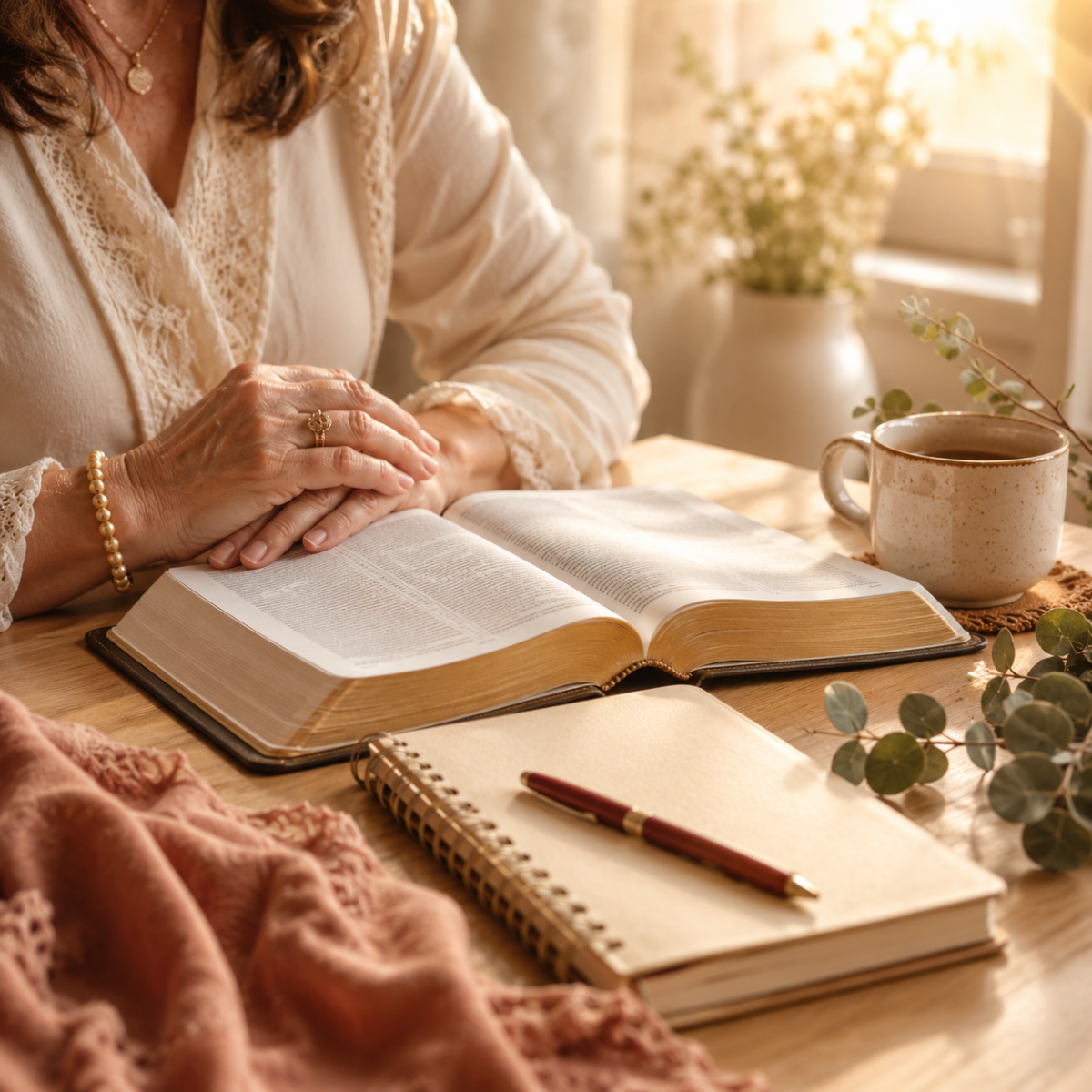 Biblia y cuaderno junto a una ventana, ambiente devocional